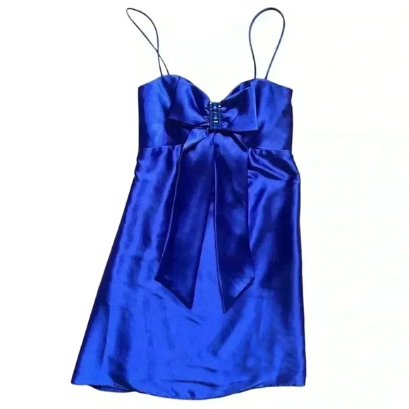 Jessica McClintock for Gunne Sax Satin Blue Bow Detail Mini Formal Dress Size3 - Picture 1 of 10